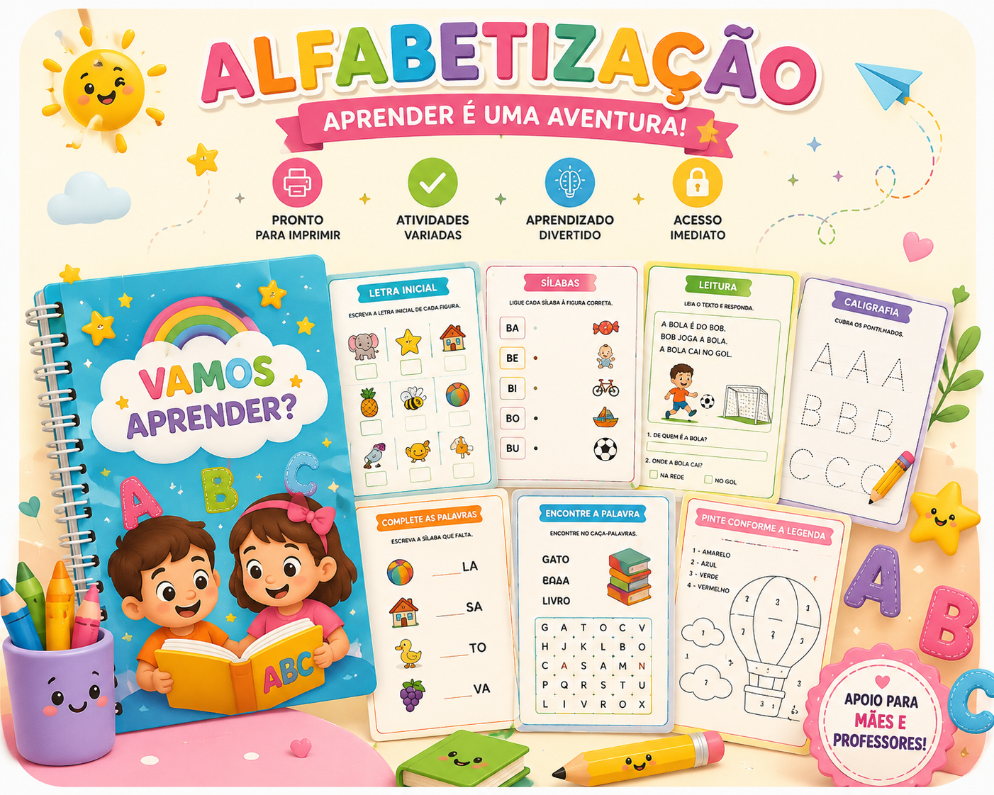 Composição com apostilas, folhas de atividades de alfabetização, matemática, jogos educativos e desenhos para colorir prontos para imprimir