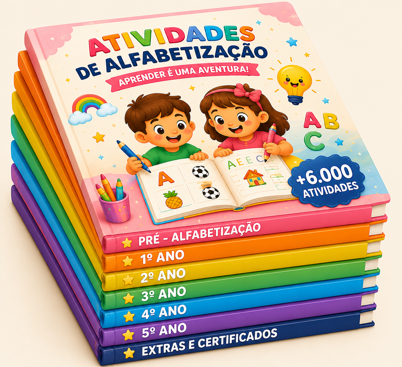 Pilha de apostilas de atividades de alfabetização por ano escolar, prontas para imprimir